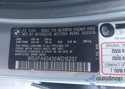 2005 BMW X3 3.0I from USA, damaged, VIN WBXPA93435WD15237